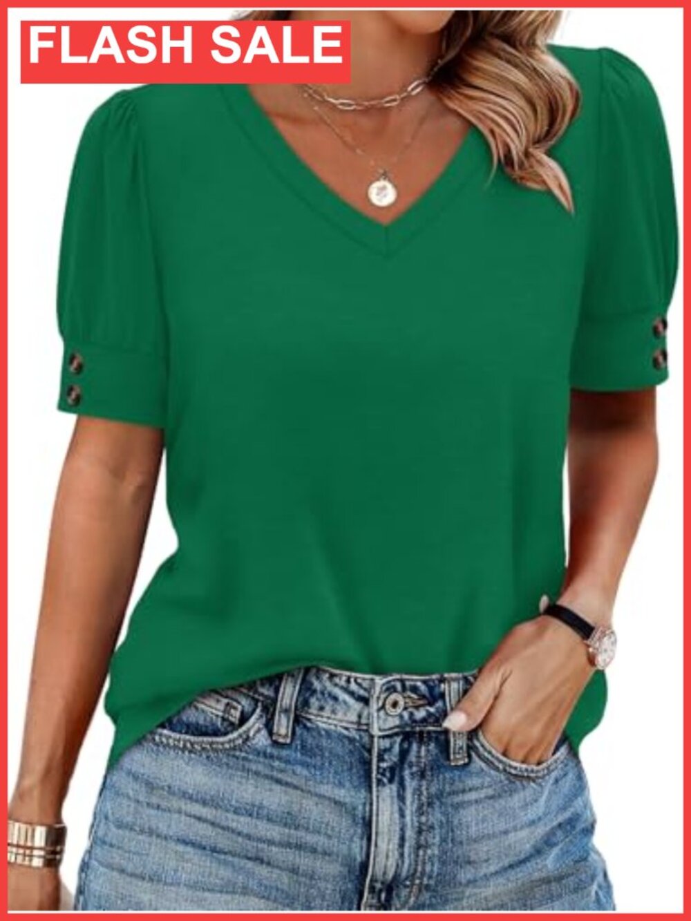 Womens Tops Short Sleeve Button V Neck Curved Hem Loose Fit Blouse